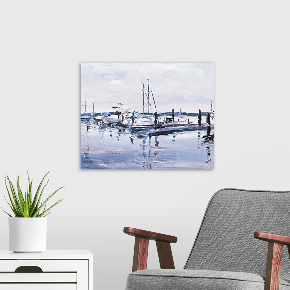 A modern room featuring Contemporary painting of a harbor filled sailboats under a gray sky.