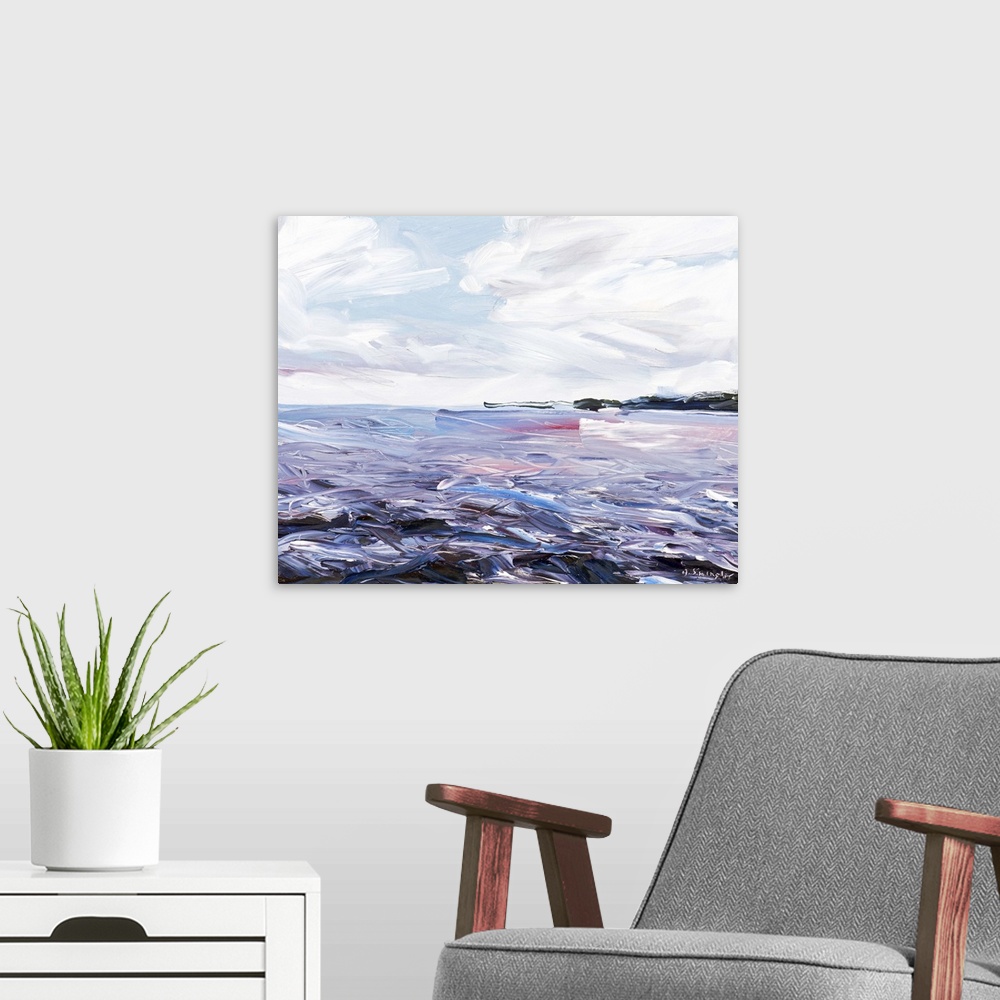 A modern room featuring Contemporary painting of a sound under a cloudy sky.