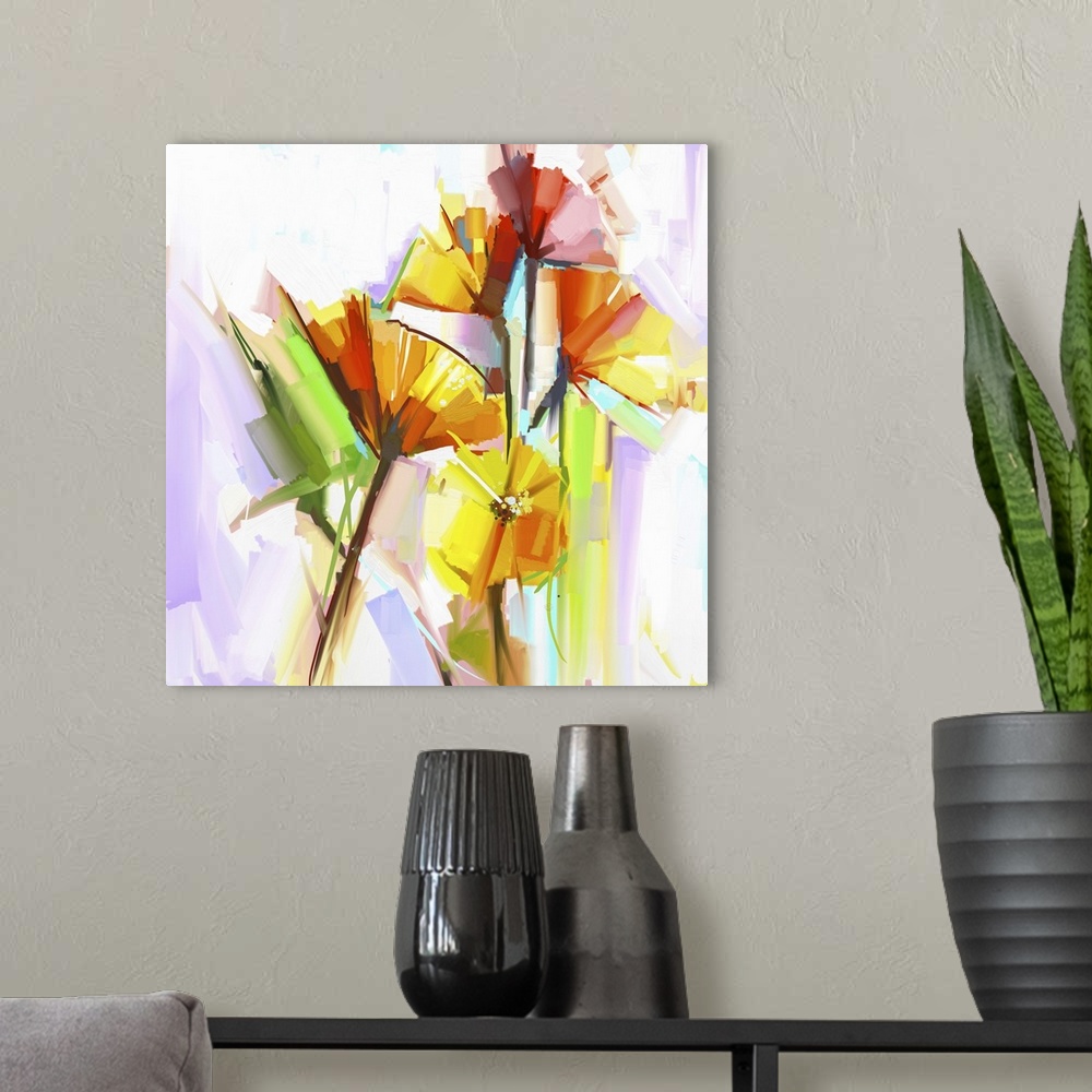 A modern room featuring Originally an abstract oil painting of spring flowers. Still life of yellow and red gerbera flowe...