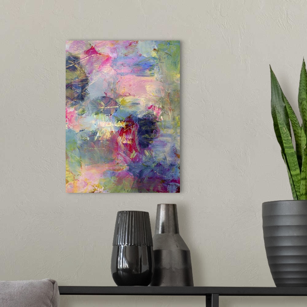 A modern room featuring Analog abstract painting, textures added digitally - mixed media.
