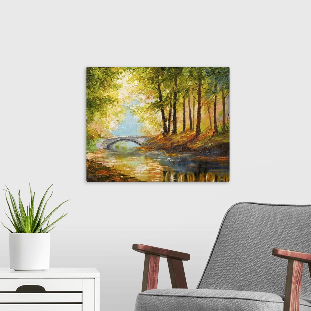 A modern room featuring Autumn Forest Near The River With Orange Leaves