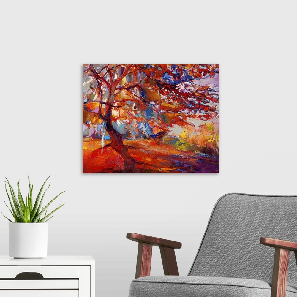 A modern room featuring Originally an oil painting showing beautiful autumn tree. Modern impressionism.