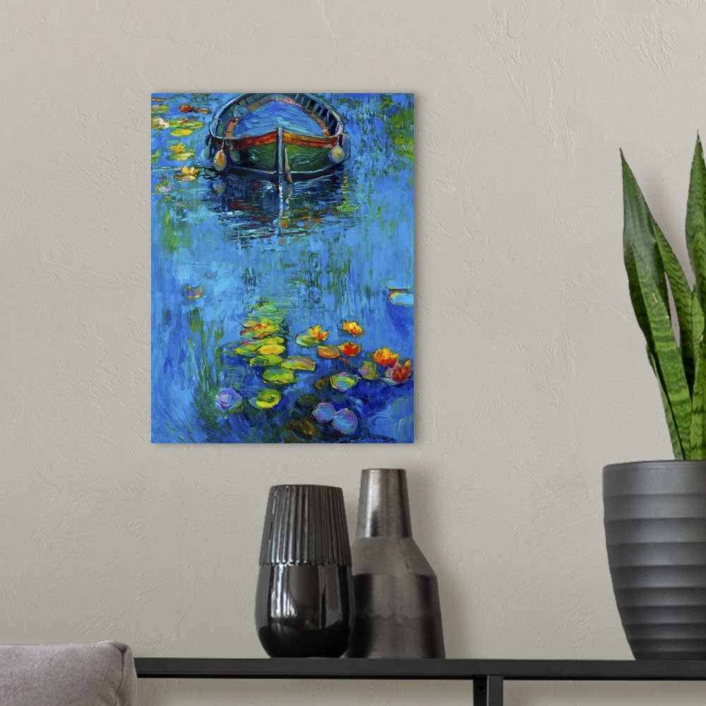 A modern room featuring Originally an oil painting of boat and water lilies in river on canvas. Modern impressionism.