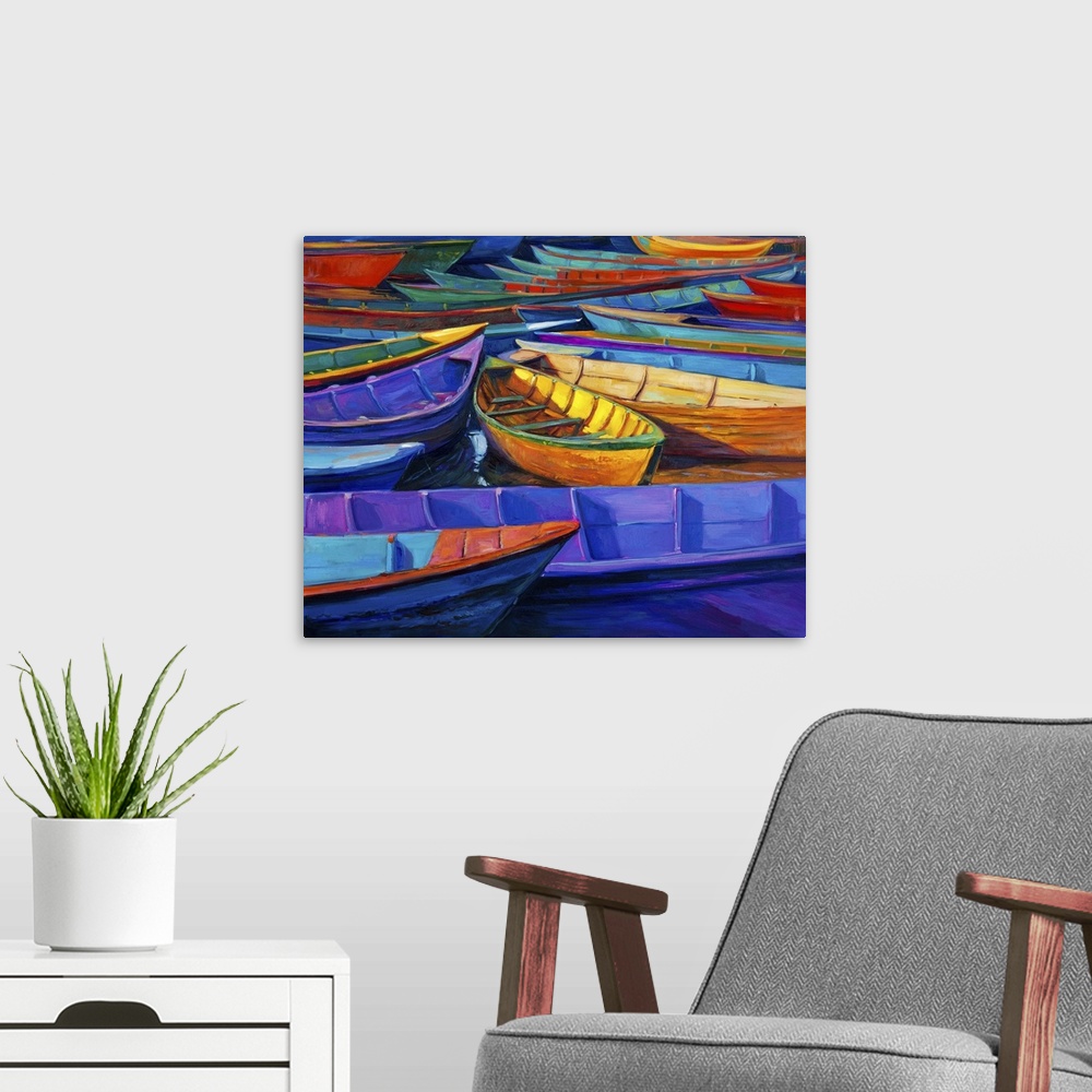 A modern room featuring Originally an oil painting of boats and jetty (pier) on canvas. Sunset over ocean. Modern impress...