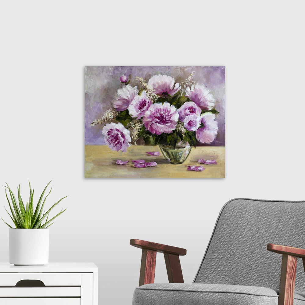 A modern room featuring Originally oil paint on canvas of a bouquet of peonies in a glass vase.