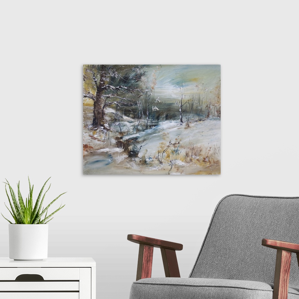 A modern room featuring Christmas landscape with snowy trees, originally an oil painting.