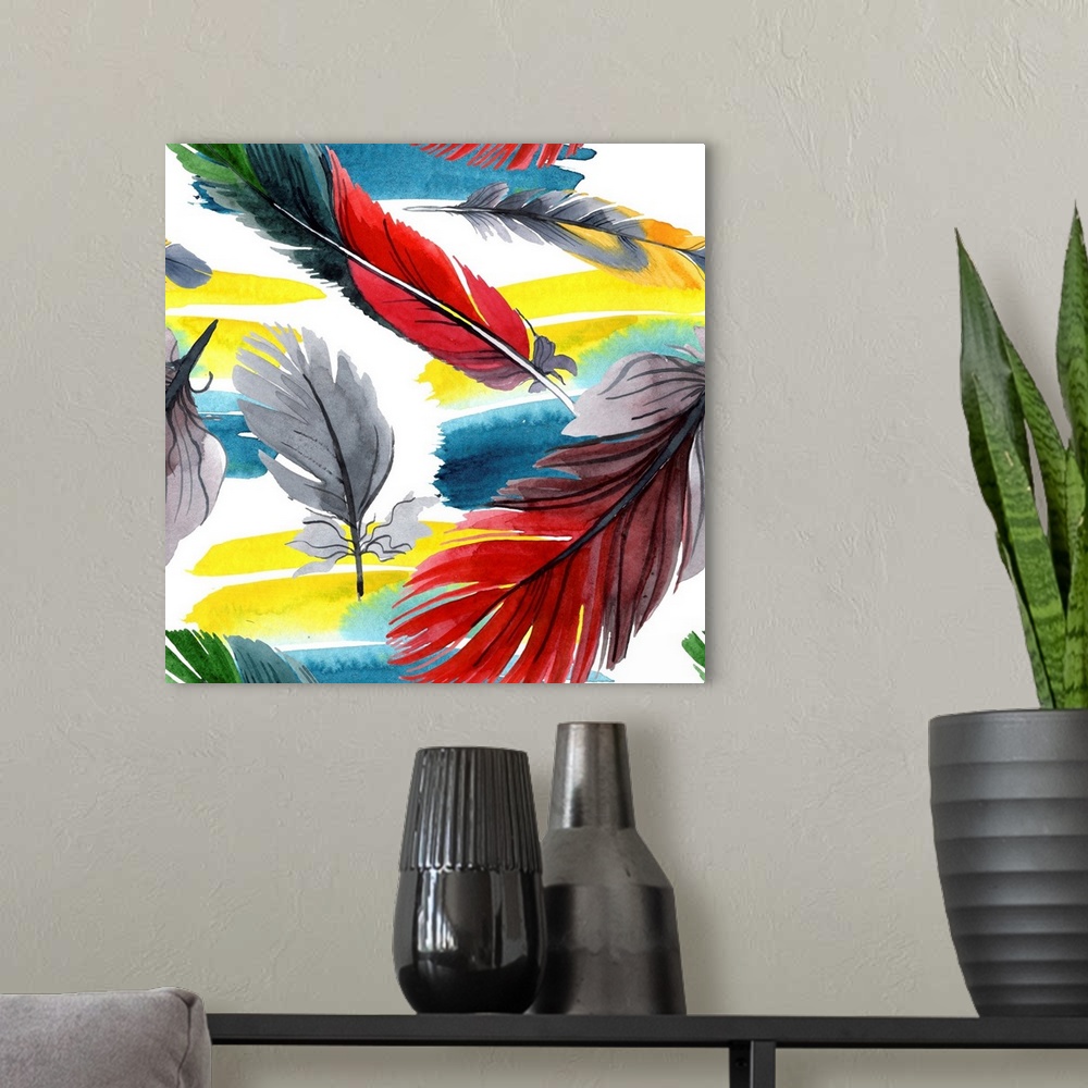 A modern room featuring Originally a watercolor of a colorful bird feather.