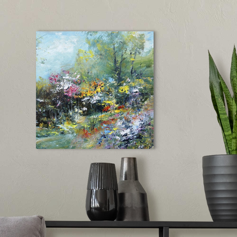 A modern room featuring Colorful flowers in the garden, originally an oil painting.
