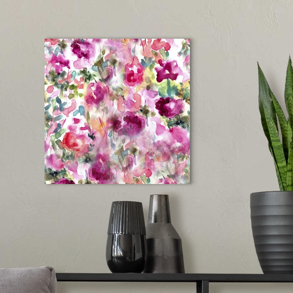A modern room featuring Colorful, loose abstract watercolor of a floral landscape.