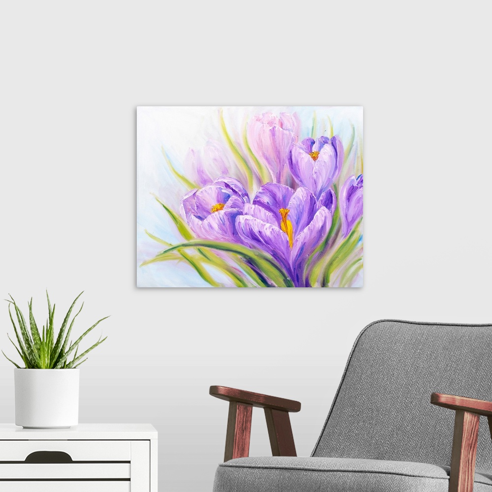 A modern room featuring Crocuses, originally an oil painting on canvas.