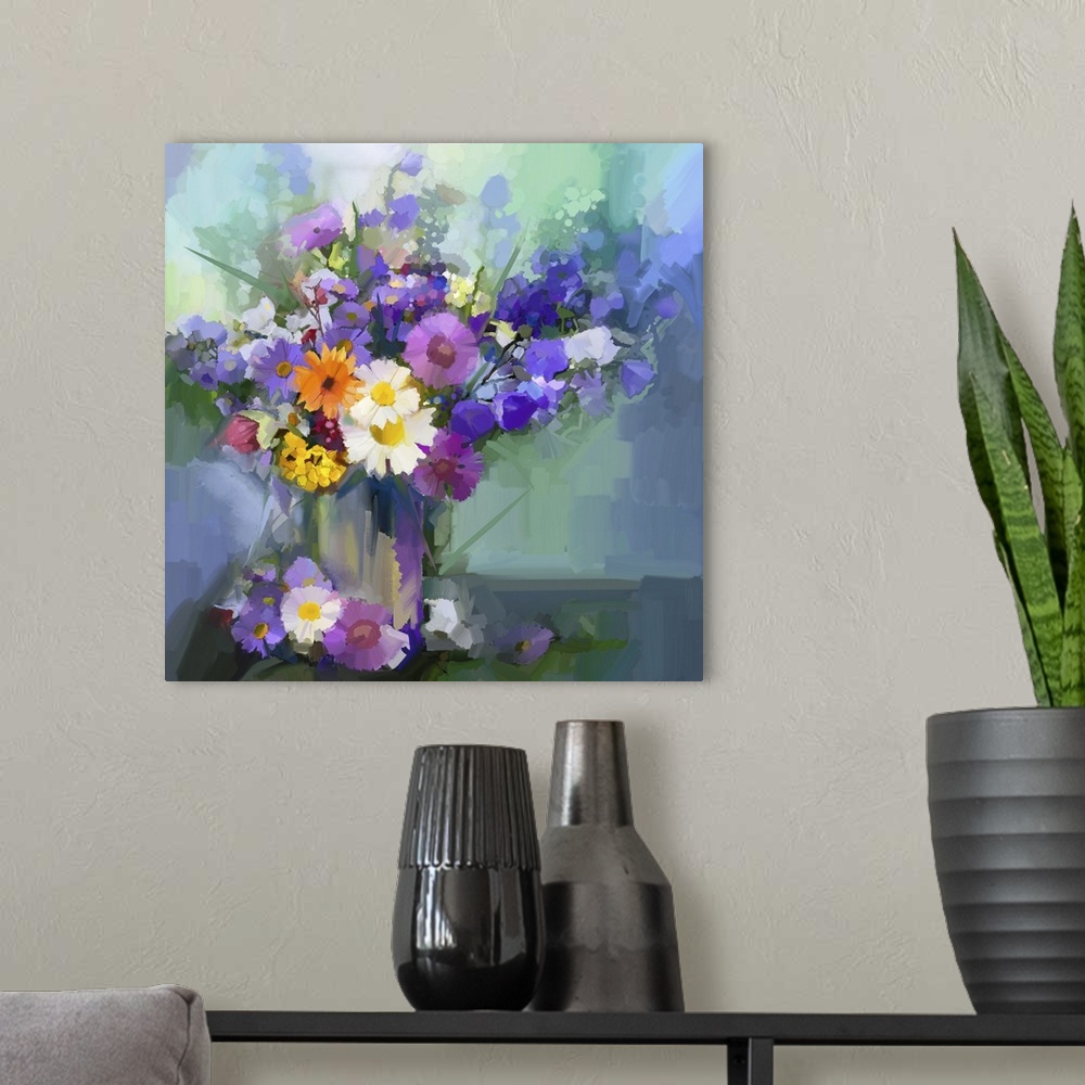 A modern room featuring Still life a bouquet of flowers. Originally an oil painting daisy flowers in vase. Originally a h...
