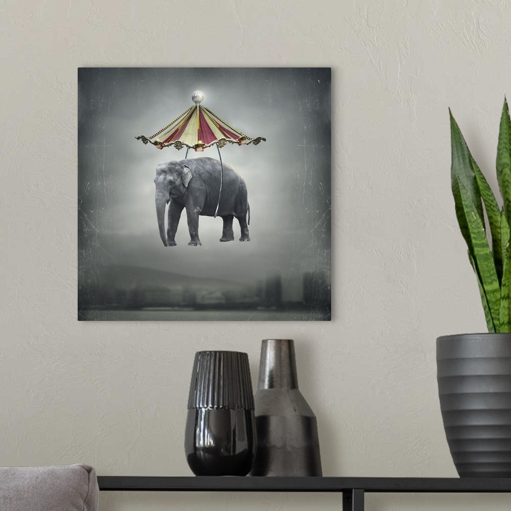 A modern room featuring Fantasy image that represents a flying elephant with circus tent in the sky and landscape.