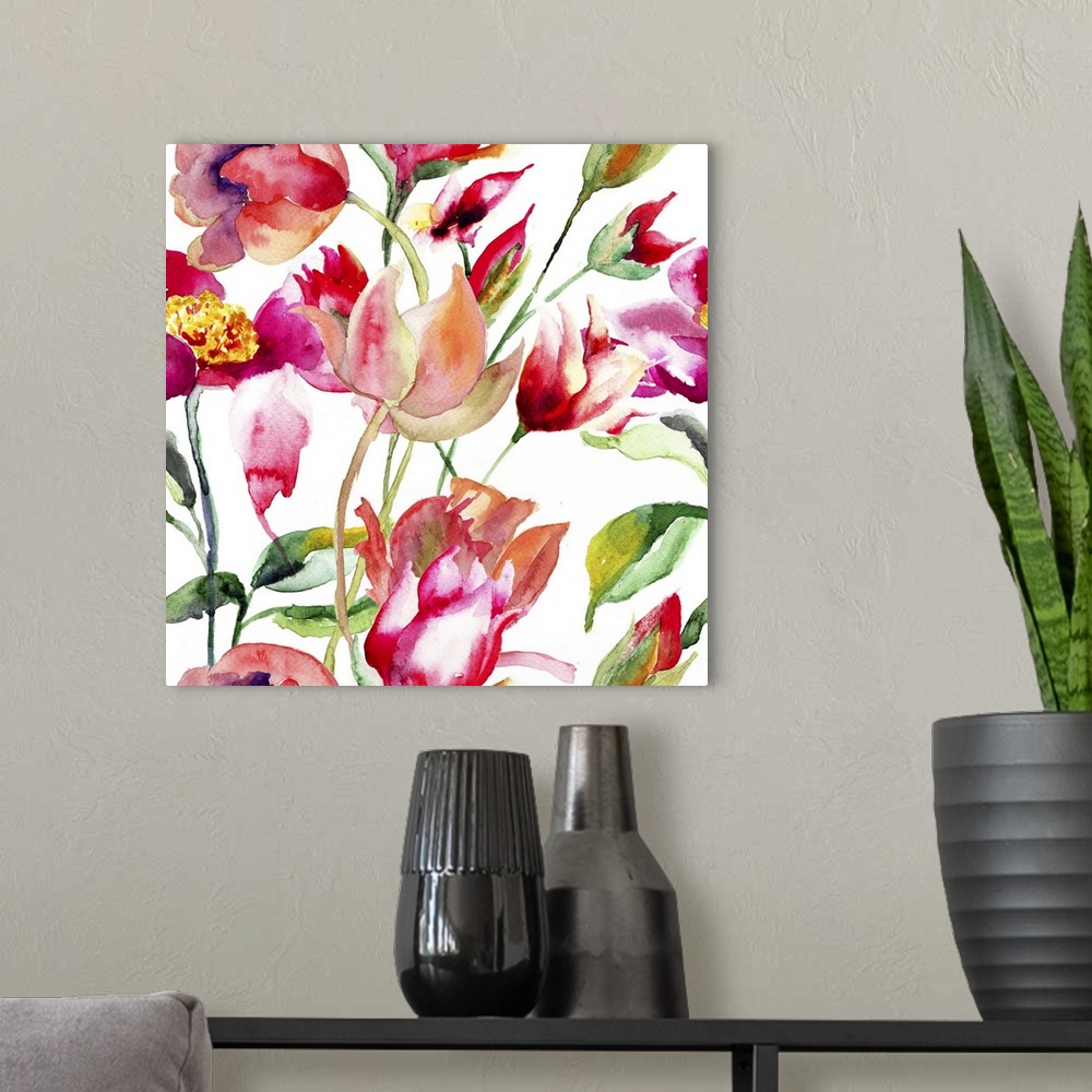 A modern room featuring Floral seamless pattern, originally a watercolor illustration.