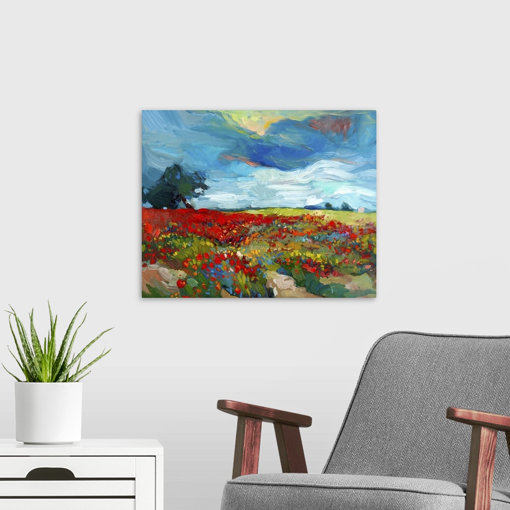 A modern room featuring Originally an oil painting on canvas of fields of flowers in an Impressionist style.