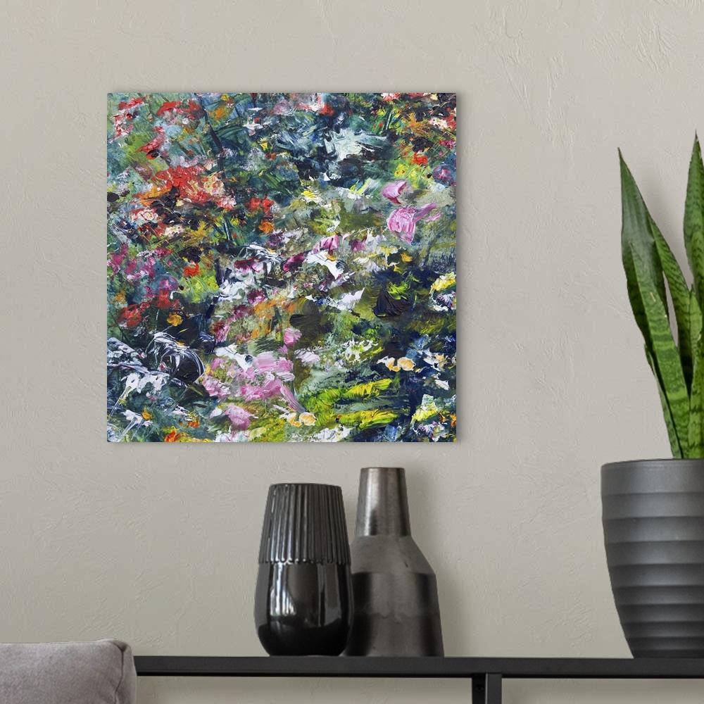 A modern room featuring Abstract art of flowers, originally an oil painting.