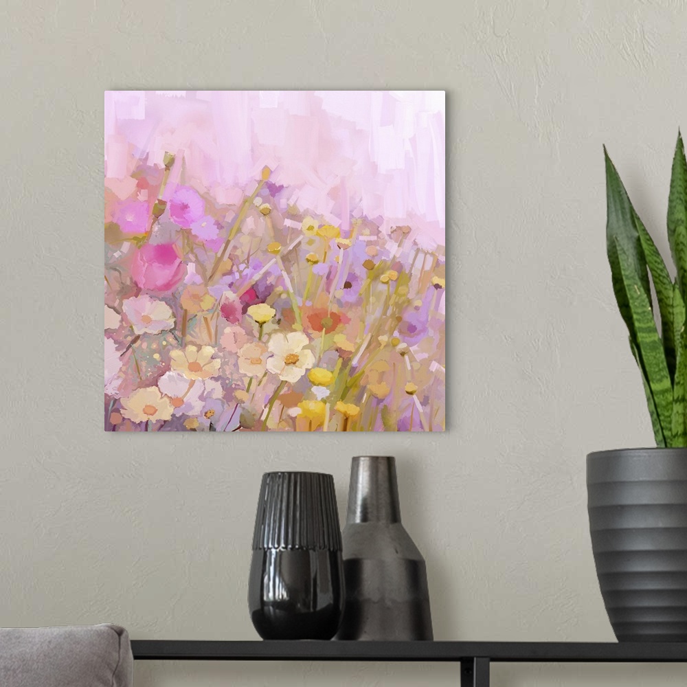 A modern room featuring Flower, originally an oil painting. Flowers field in soft color and blur style.