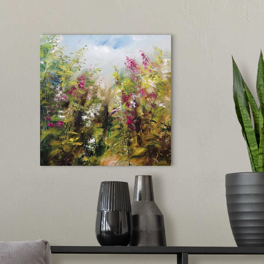 A modern room featuring Flowers in the garden, originally an oil painting.