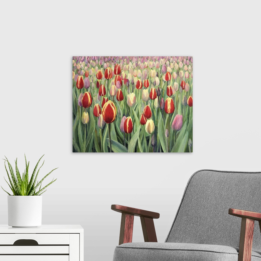 A modern room featuring Colorful tulips on display in Keukenhof Gardens.