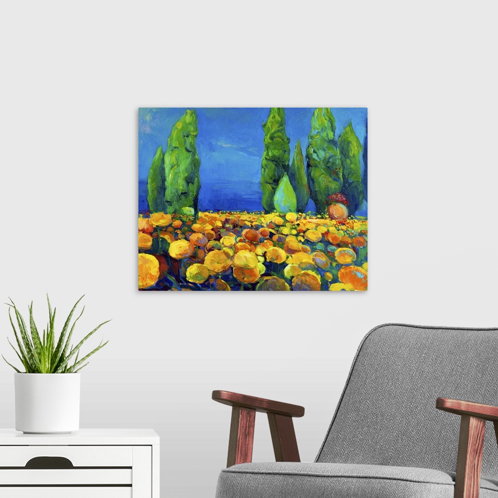 A modern room featuring Originally an oil painting of green trees and yellow flowers on canvas. Landscape. Modern impress...