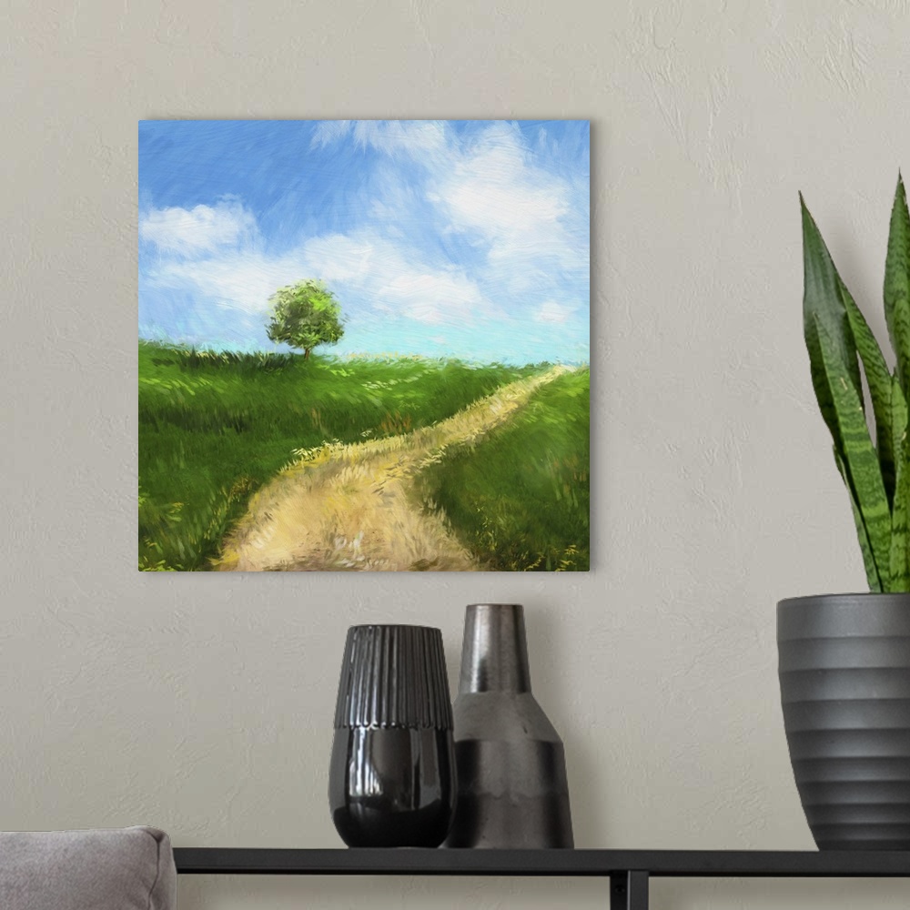 A modern room featuring Digitally rendered painting of an idyllic country road.