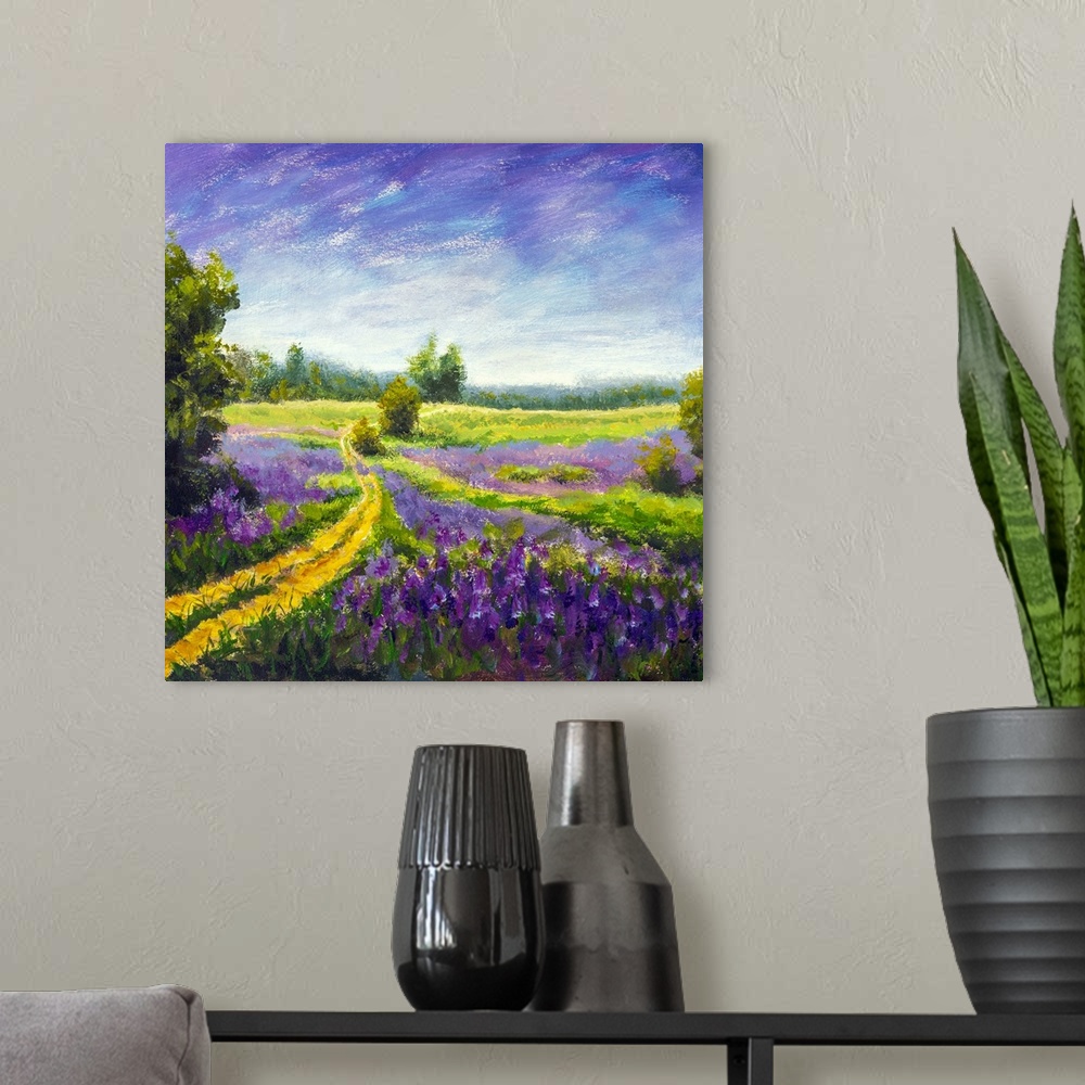 A modern room featuring Impressionist painting of a purple meadow landscape, originally in oil.