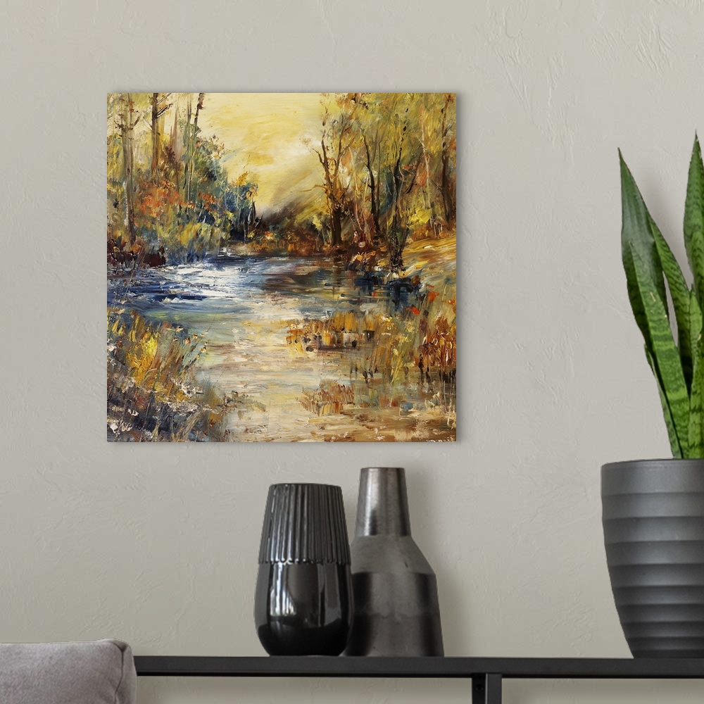 A modern room featuring Lake in the forest, originally an oil painting. Art background.