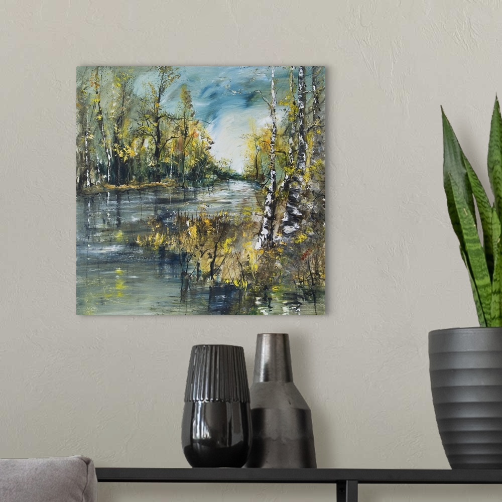 A modern room featuring Landscape with river and birch forest, originally an oil painting of an artistic background.