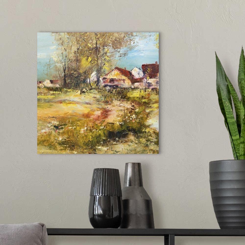 A modern room featuring Landscape with village, originally an oil painting.