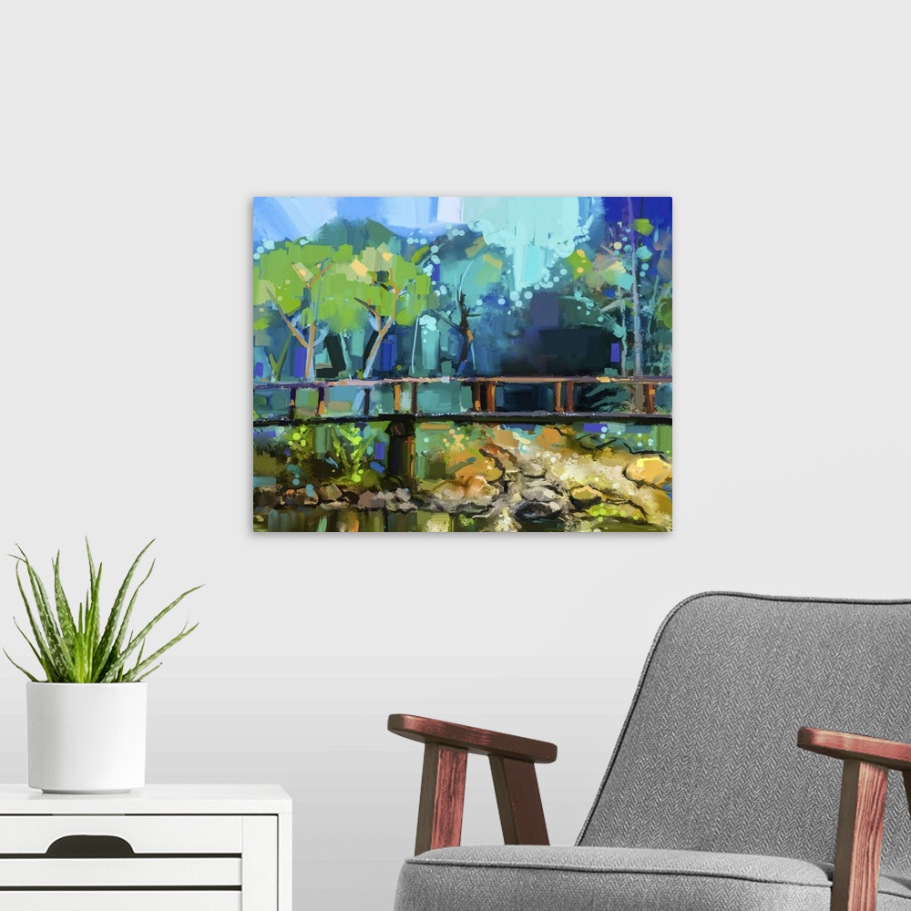 A modern room featuring Originally an oil painting landscape with wooden bridge over creek in forest. Originally hand pai...