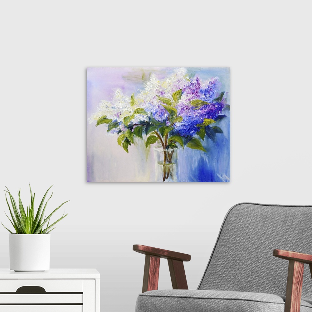A modern room featuring Lilacs in a vase, originally an oil painting on canvas.