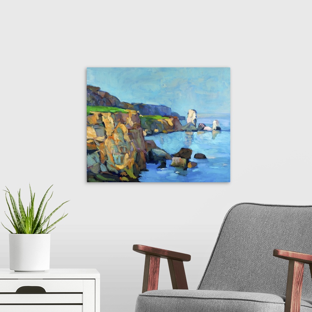 A modern room featuring Originally an oil painting of ocean and cliffs on canvas.