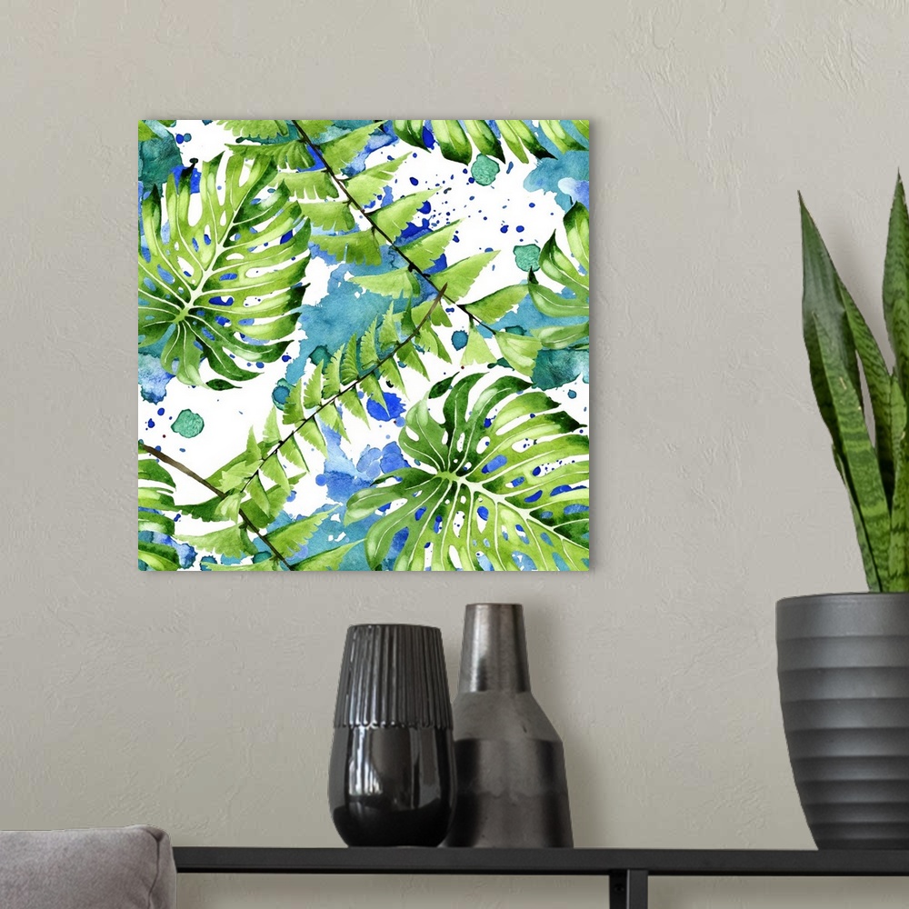 A modern room featuring Exotic tropical Hawaiian summer. Palm beach, tree and leaves.