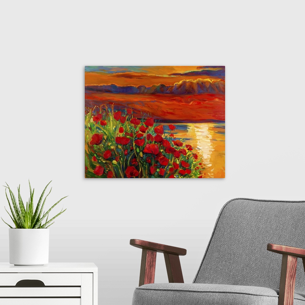 A modern room featuring Originally an oil painting on canvas of an Opium poppy (Papaver somniferum) field in front of a b...