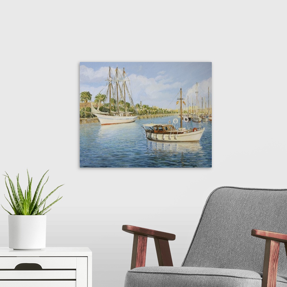 A modern room featuring Old Yacht harbor of Barcelona "Port Vell" on a bright sunny day.