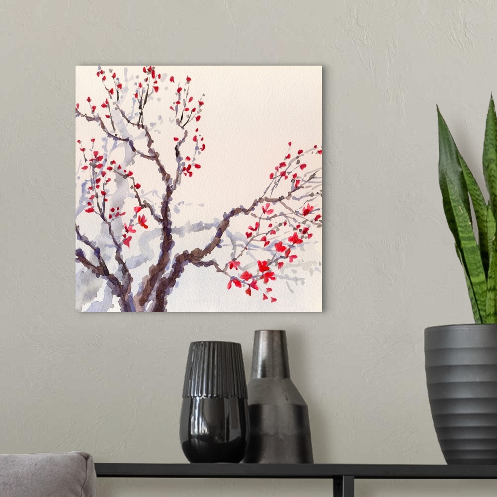 A modern room featuring Originally a watercolor spring background in Japanese style. Bright red flowers and buds on the b...