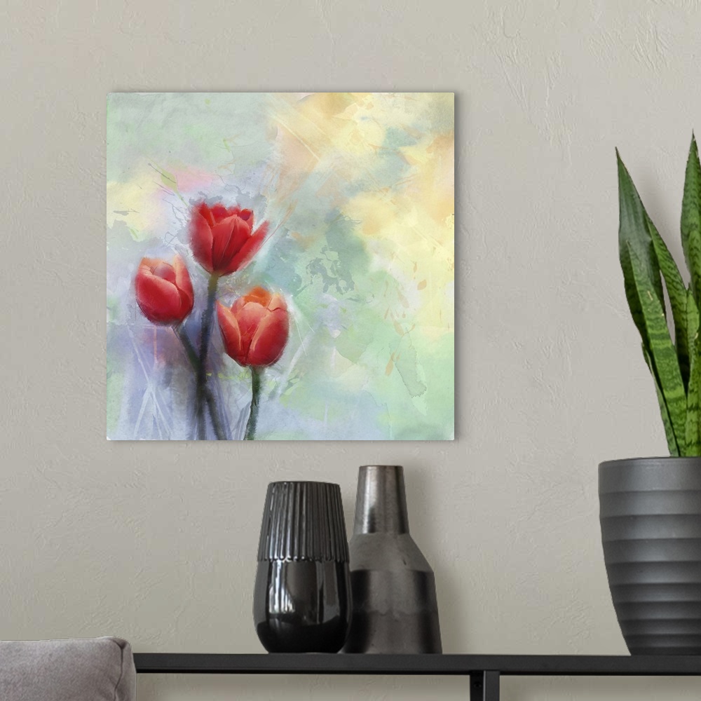 A modern room featuring Red tulip, originally a flowers painting. Flowers in soft color and blur style for background. Vi...