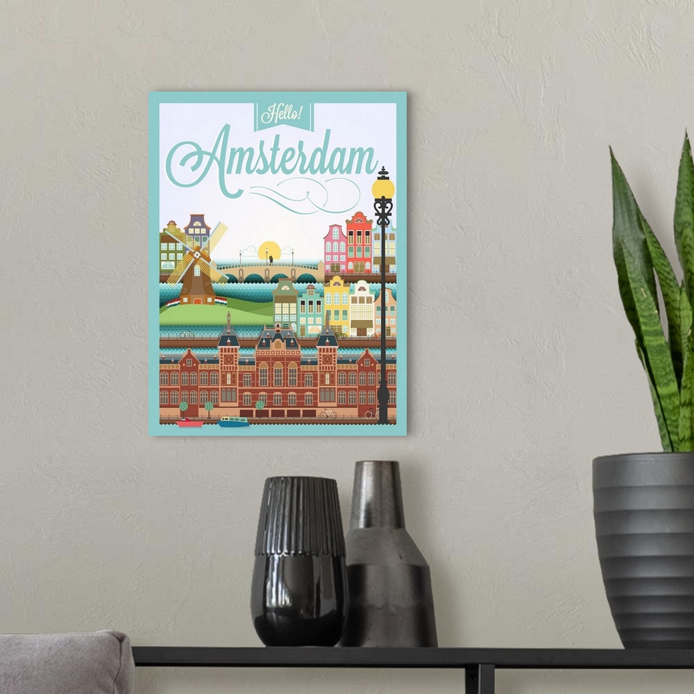 A modern room featuring Retro style poster with Amsterdam symbols and landmarks.