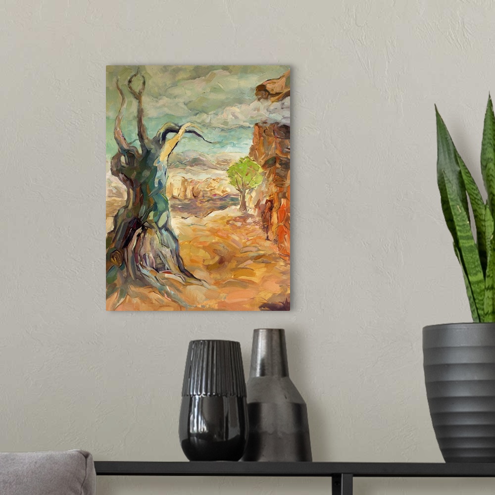 A modern room featuring Originally an oil painting of Rugged Mountain (Canyon) and dead tree on canvas.