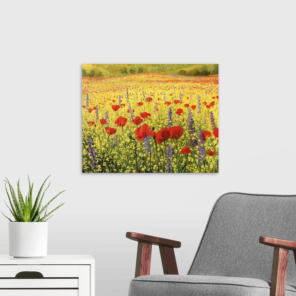 A modern room featuring A colorful field with poppies.