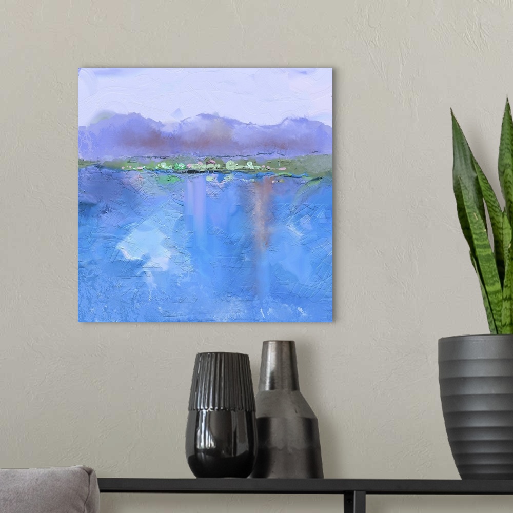 A modern room featuring Originally an abstract oil painting landscape on canvas. Semi- abstract image of hill and blue ri...