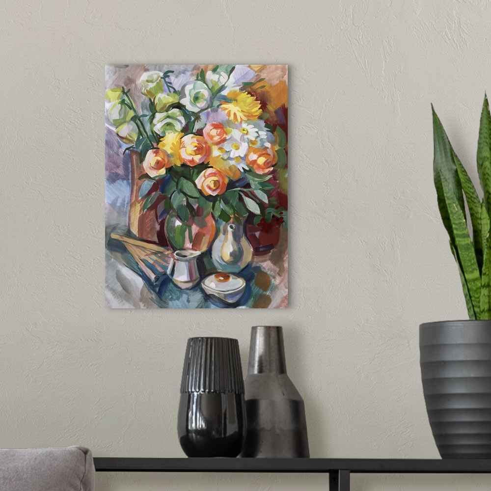 A modern room featuring Still life a bouquet of flowers. Originally hand-drawn in gouache.