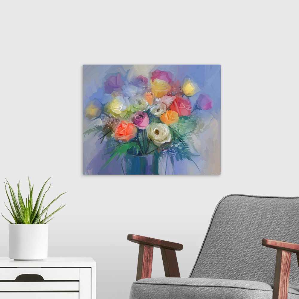 A modern room featuring Still life a bouquet of flowers. Originally an oil painting red and yellow rose flowers in vase. ...