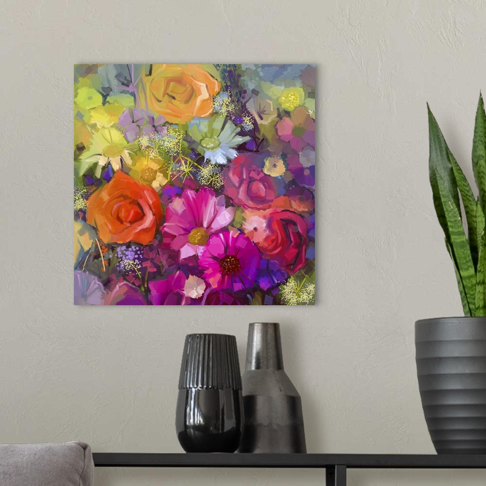 A modern room featuring Still life of yellow and red color flowers. Originally an oil painting a bouquet of rose, daisy a...
