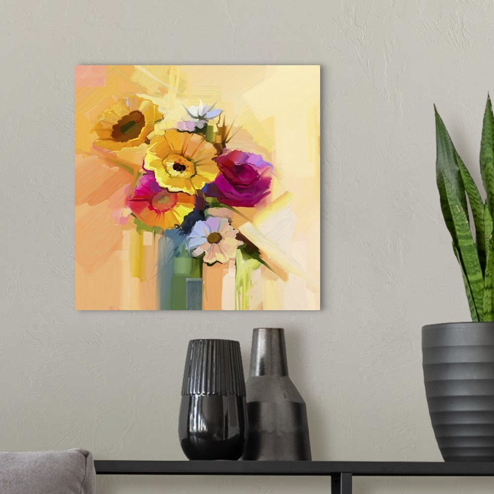 A modern room featuring Originally an oil painting still life of white, yellow and red flower. Originally a hand painted ...