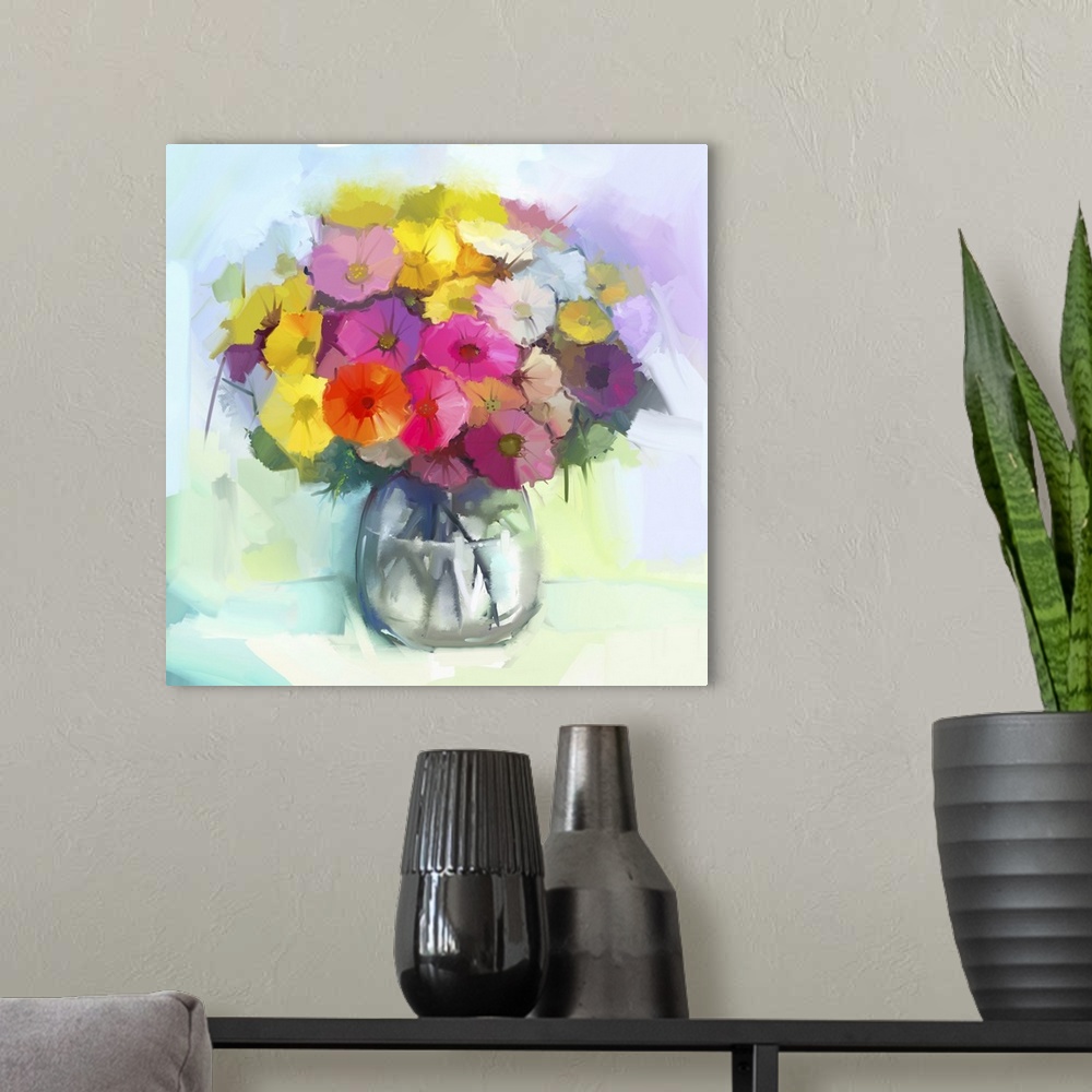 A modern room featuring Still life of yellow and red gerbera flowers. Originally an oil painting of a bouquet of flowers ...