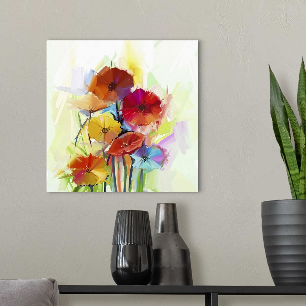 A modern room featuring Originally an abstract oil painting of spring flowers. Still life of yellow and red gerbera flowe...