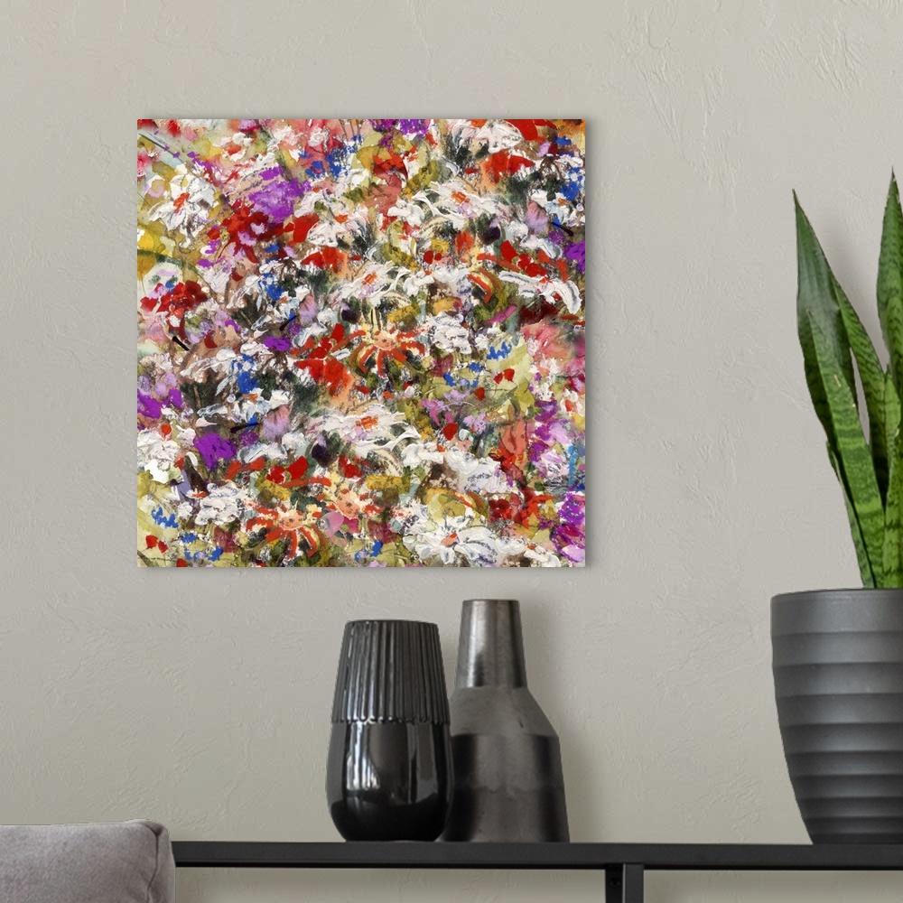 A modern room featuring Still life with flowers.