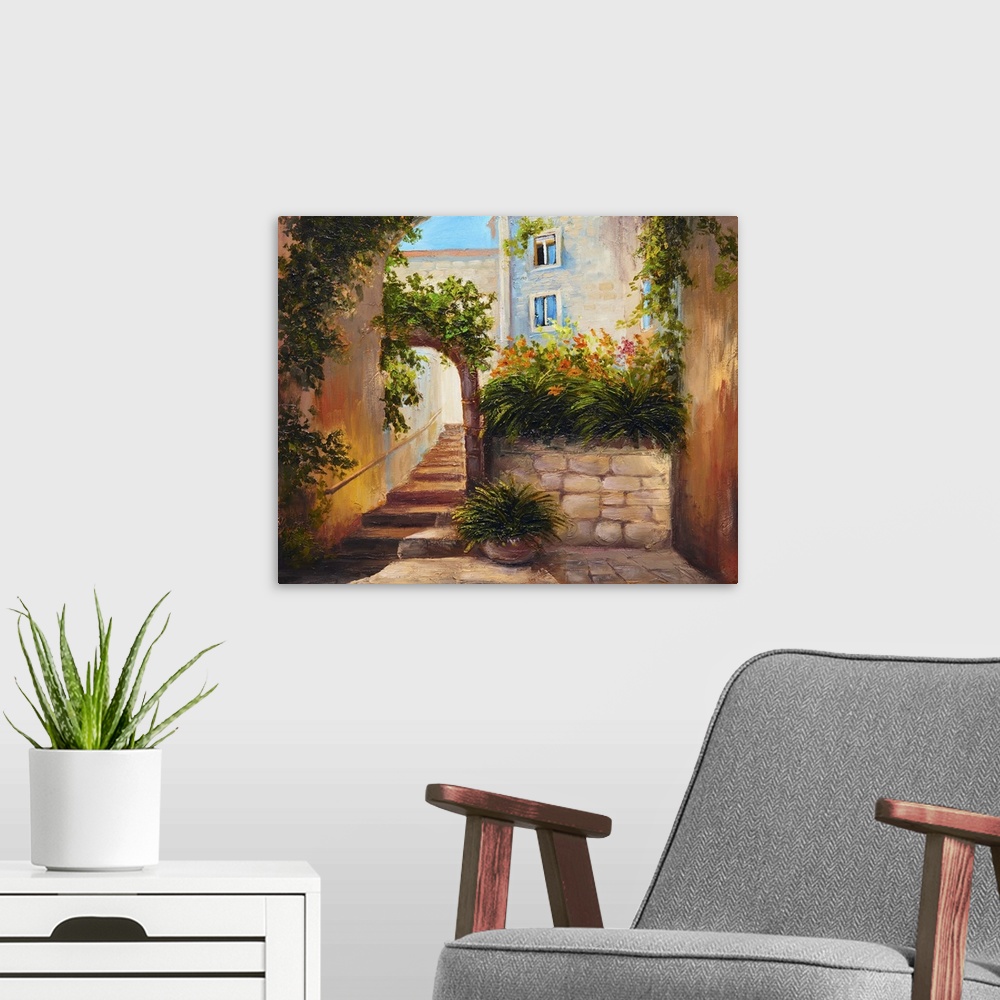 A modern room featuring Originally an oil painting of summer street with blooming flowers. Colorful abstract art.