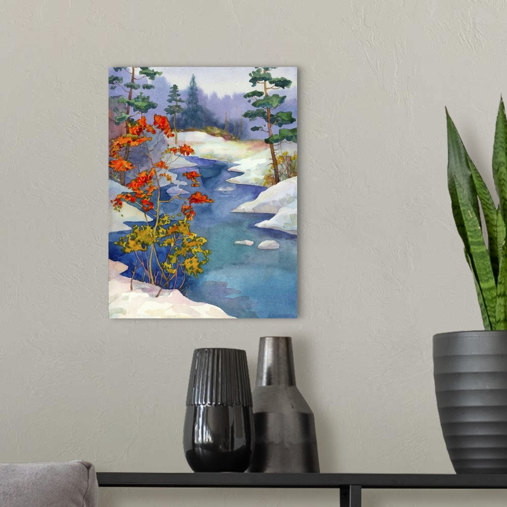 A modern room featuring Watercolor landscape of a winter forest on the banks of the creek and trees with fallen leaves.