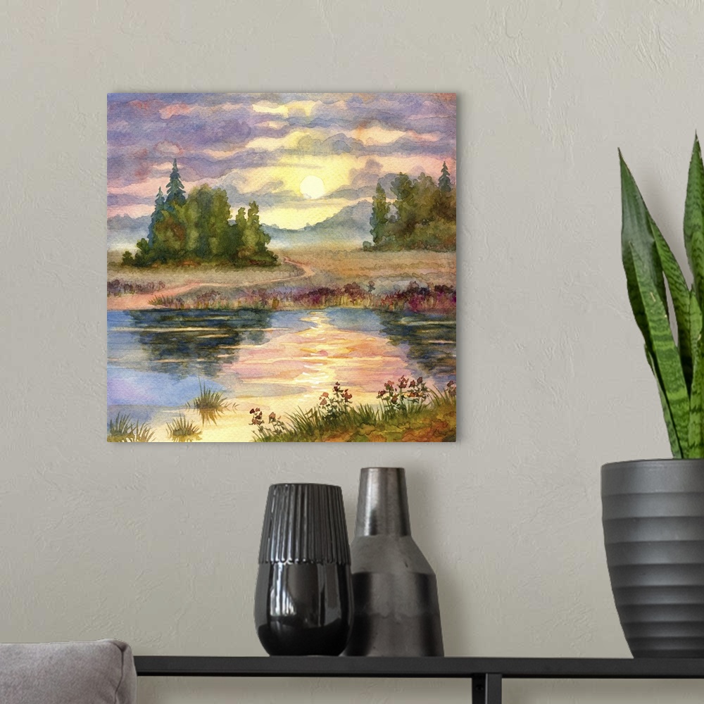 A modern room featuring Originally a watercolor landscape of the glow of sunset over a calm lake.
